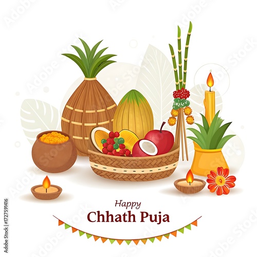 Chhath puja celebration with fruits and offerings isolated on white background