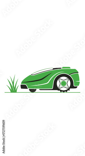 Vector art of a green robotic lawn mower cutting grass in a garden, showcasing modern technology and lawn care innovation