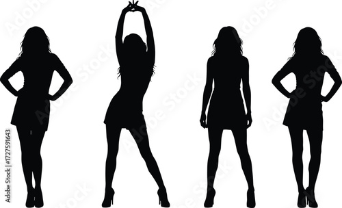 Female pose silhouette vector set, fashion stance icons, black outline style, body language illustration, minimal design, expressive artwork