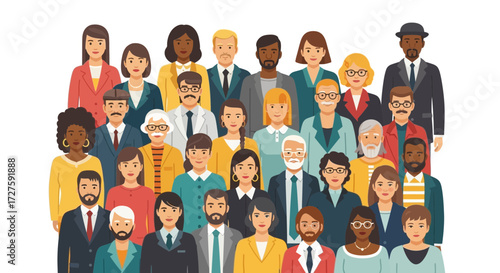 A diverse group of people of various ages, genders, and ethnicities stand together in a colorful illustration, representing unity and community