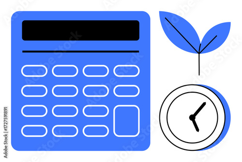 Calculator, clock, and green leaves emphasizing time management, eco-friendliness, and productivity. Ideal for business, sustainability, efficiency, planning environmental care and goal setting