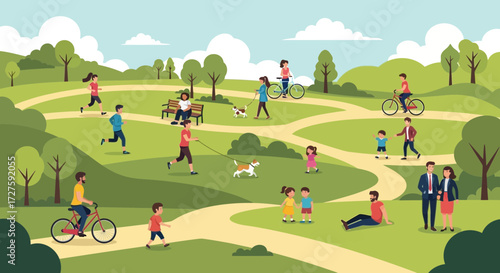 A vibrant park scene unfolds with diverse people enjoying various outdoor activities like cycling, running, walking, and relaxing on a sunny day