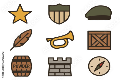 Collection of american revolutionary war historical icons and symbols on white background