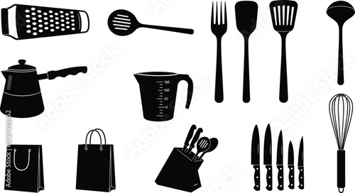 Kitchen utensil silhouette vector set, cooking tool icons, black outline style, knife whisk spatula ladle grater, minimal design pack