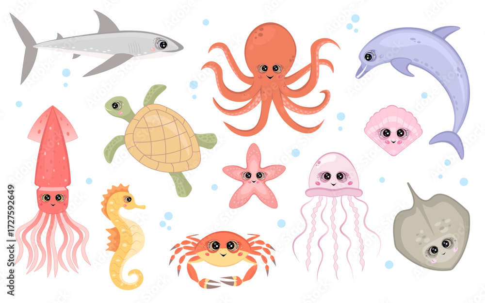 Obraz premium Underwater world, sea life animals. Vector Illustration for printing, backgrounds, covers and packaging. Image can be used for greeting card, poster, sticker and textile. Isolated on white background.