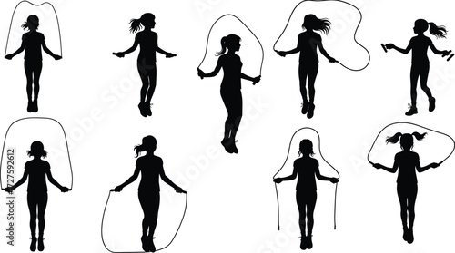 Silhouette of girls skipping rope, children jumping with jump rope, active kids exercising, fitness activity, healthy lifestyle, outdoor play illustration vector