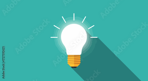 A glowing lightbulb symbolizes a bright new idea and innovation, casting a long shadow on a teal background