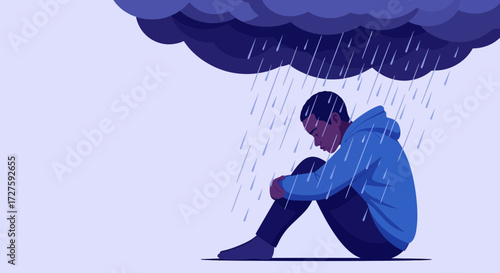 A young man sits hunched over, embracing his knees under a dark, stormy cloud raining down on him, symbolizing depression and emotional turmoil