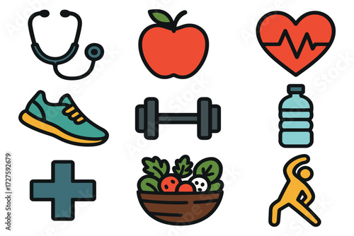 Healthy lifestyle icons including apple stethoscope heart dumbbell shoes water and salad
