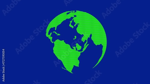 Rotating digital globe with scanline striped and purple background. Futuristic technology world map animation.