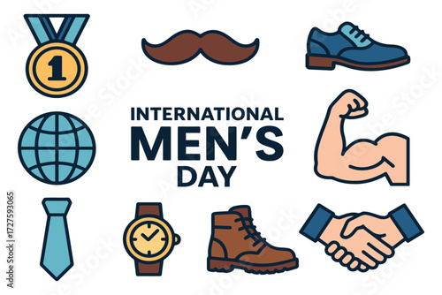 International mens day celebration with icons representing masculinity and achievement