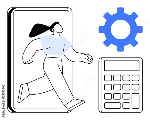 Person walking out of smartphone, gear icon representing automation, and calculator for finance. Ideal for technology, innovation, financial planning, automation, productivity, digitalization simple