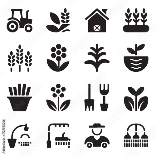 Collection of farm and agriculture icons agriculture tractor wheat house seedling plant flower tools farmer field