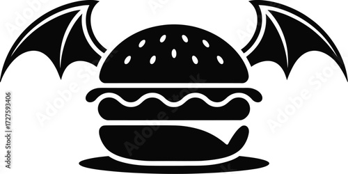 Black flying burger vector illustration for fast food restaurant and delivery