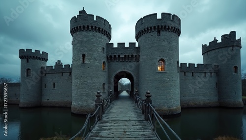 Massive stone castle with high walls and turrets features a wooden drawbridge leading over water. This ancient fortress evokes historical tales and fantasy adventures.