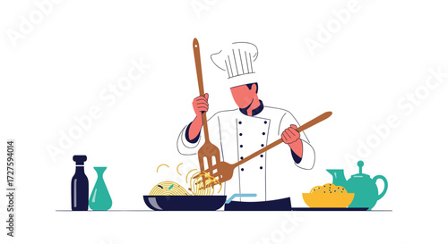 A chef in a white uniform is skillfully preparing pasta dishes.
