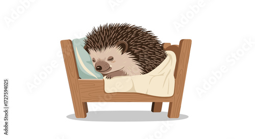 A cute hedgehog sleeping soundly in its little wooden crib.