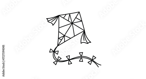 A simple line drawing of a geometric kite with a long ribbon tail.