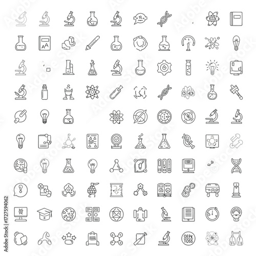 Vector art of science icon set featuring laboratory equipment, scientific research, and educational symbols for chemistry, biology, and physics