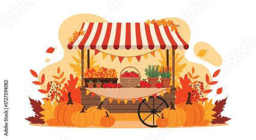 Autumn harvest market stall with pumpkins and apples.