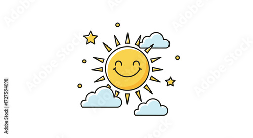 A cheerful sun shines brightly above the clouds and stars.
