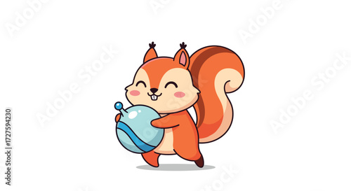 A cute cartoon squirrel carrying a shiny blue ball happily.