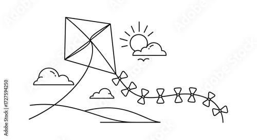 A kite flying high in the sky on a sunny day.