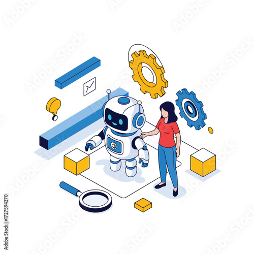 Vector art of isometric illustration of a woman interacting with a robot, surrounded by gears, cubes, and a magnifying glass