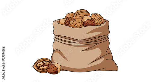 A burlap sack filled with a bounty of fresh nuts.