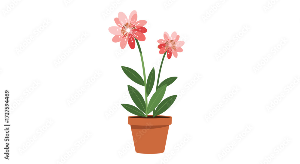Fototapeta premium A beautiful potted pink flower with green leaves and stems.