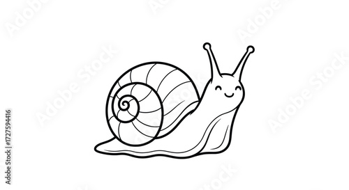 A charming black and white drawing of a snail with a happy face.