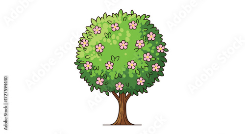 A cartoon drawing of a flowering tree in full bloom on a white background.
