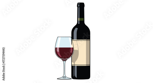 A bottle of red wine with a glass full of it.