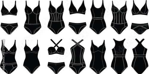 Women's lingerie silhouettes, bikini vector set, sexy swimwear icons, fashion underwear collection, black outline garments, minimal style, commercial design