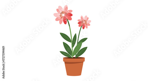 A beautiful potted pink flower with green leaves and stems.