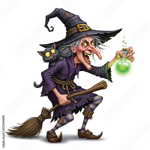 A cartoon witch with a black cat and a broom isolated on white background