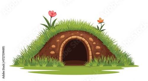 A cozy burrow nestled in a grassy hill with wildflowers blooming.