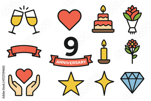 Collection of celebratory icons for a ninth anniversary event or party