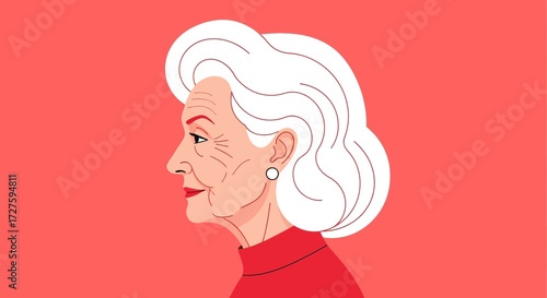 A sophisticated elderly woman with white hair and a red collar is depicted in a profile view, showcasing her elegant features and a subtle smile