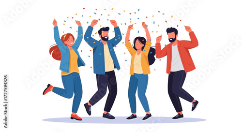 A diverse group of four friends joyfully dances and cheers with colorful confetti falling around them, celebrating a happy moment together