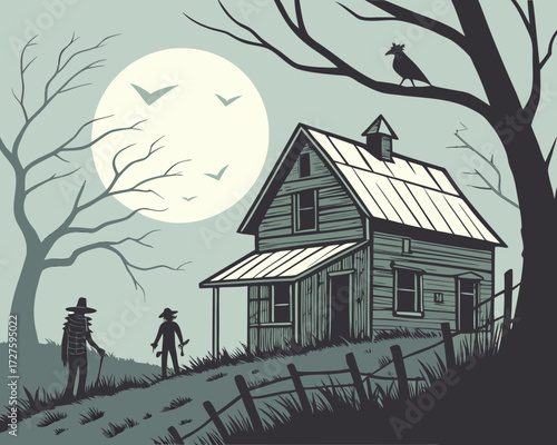 Two mysterious figures stand near a rustic wooden house under a large full moon with a crow perched on a tree branch