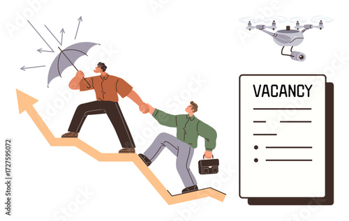 Two businesspeople ascend a growth arrow, one shielding with an umbrella, emphasizing support. Vacancy list and quadcopter highlight career advancement, problem-solving, and innovation. Ideal