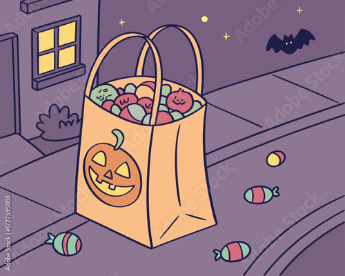 A halloween trick or treat bag filled with candy sits on a sidewalk at night with a bat flying overhead