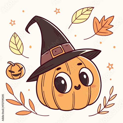 Adorable cartoon pumpkin wearing a witch hat with a friendly face surrounded by autumn leaves and stars for halloween celebrations