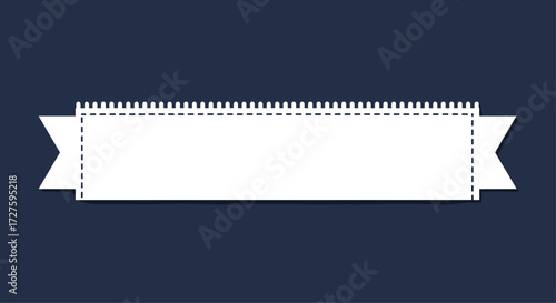 A blank white ribbon banner with dashed lines and a jagged top edge on a navy blue background.
