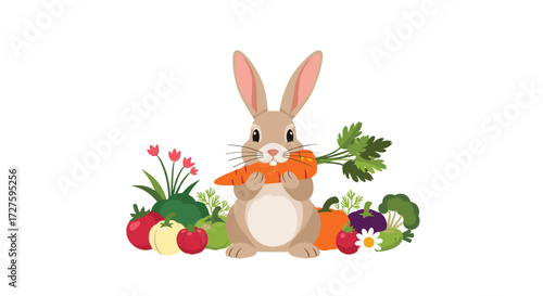 A cute bunny eating a carrot surrounded by fresh vegetables and fruits.