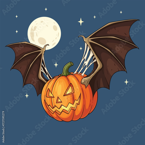 Scary jackolantern pumpkin with bat wings at night