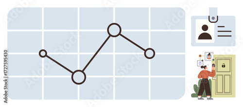 Line graph with connecting points over a grid, ID card illustration, and person attaching photos on a board. Ideal for analytics, identification, research, problem-solving, planning, security