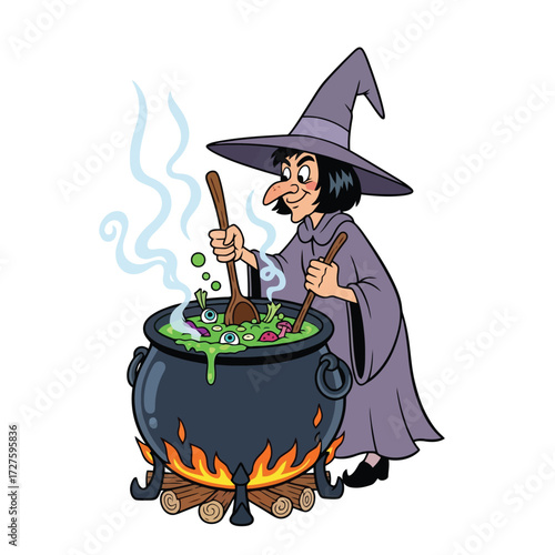 Cartoon witch stirring a bubbling cauldron with a wooden spoon isolated on white background