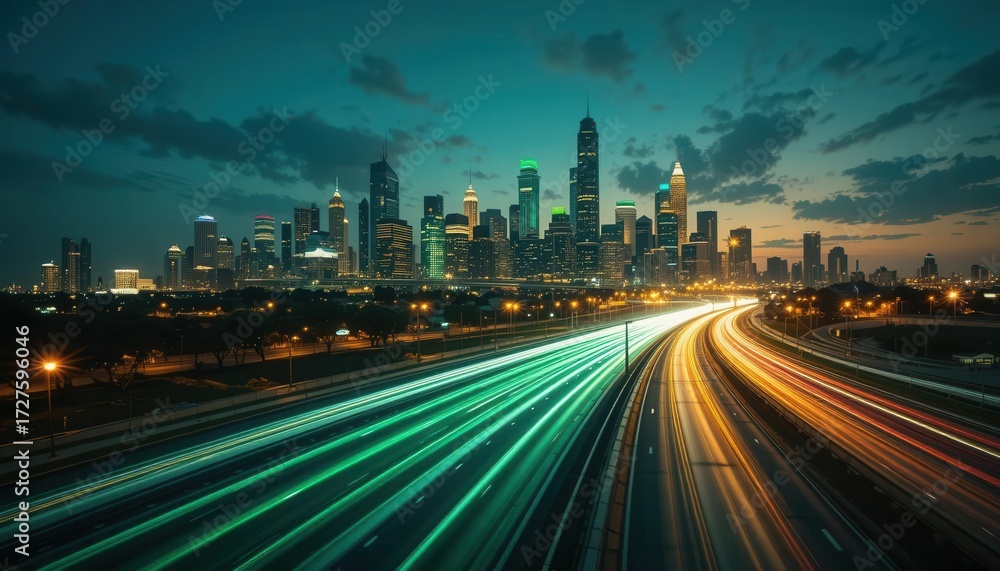 Fototapeta premium Abstract Car Light Streaks Flowing Into a Dazzling Skyline